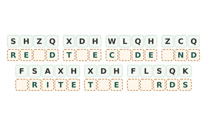 Easy printable cryptogram: fourteen code tiles in four short words, with an answer box under each tile and eight letters already written in.
