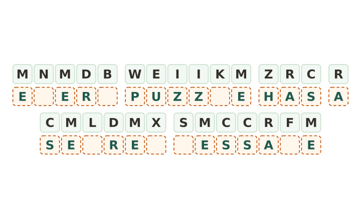 Easy cryptogram to print: twenty eight code tiles in six words, with answer boxes underneath and eight of the letters given away.
