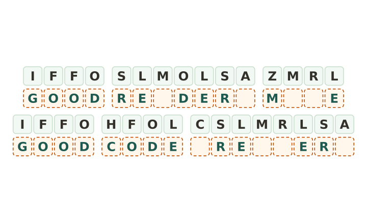 Easy printable cryptogram for kids: thirty code tiles in six words, with a repeated four letter word and seven letters already given.