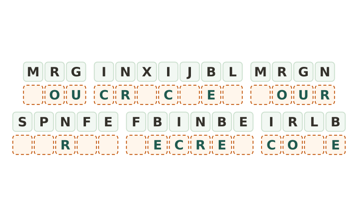 Simple cryptogram to print: twenty eight code tiles in five words with five letters given and an empty box under every tile.