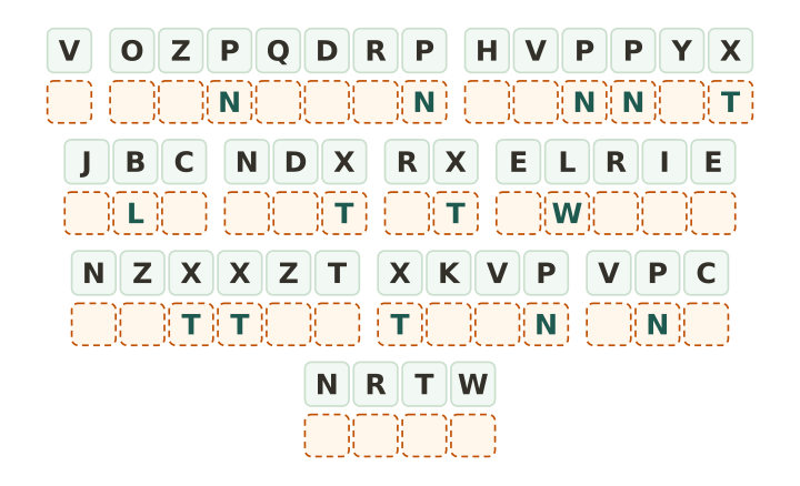 Animal cryptogram worksheet: forty three code tiles in eleven words, only four letters given, with a writing box under each tile.