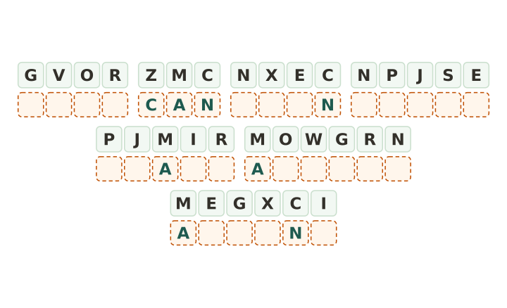 Printable animal cryptogram: thirty two code tiles in seven words with just three letters given away.