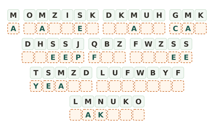 Animal cryptogram for kids to print: forty five code tiles in ten words, seven letters already written into the answer boxes.