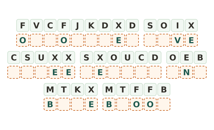 Hard animal cryptogram printable: thirty five code tiles in seven words with five letters given, including a doubled letter word.