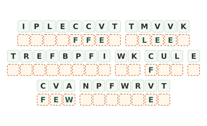 Animal cryptogram sheet: thirty six code tiles in nine words, four letters given, with an answer box under every coded tile.