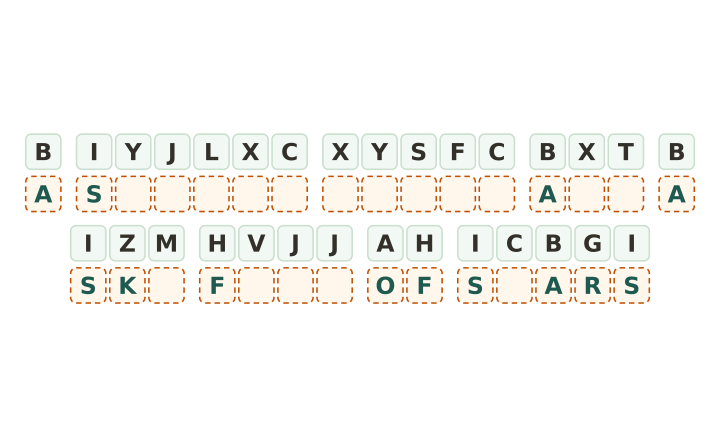 Christmas cryptogram to print: twenty nine code tiles in nine words, six letters given, with answer boxes under each tile.