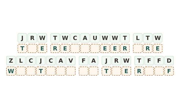 Christmas cryptogram worksheet: twenty nine code tiles in seven words with five letters given away, printable with its answer key.