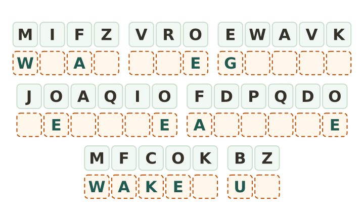 Printable Christmas cryptogram: thirty code tiles in seven words with six letters given and a writing box under every tile.