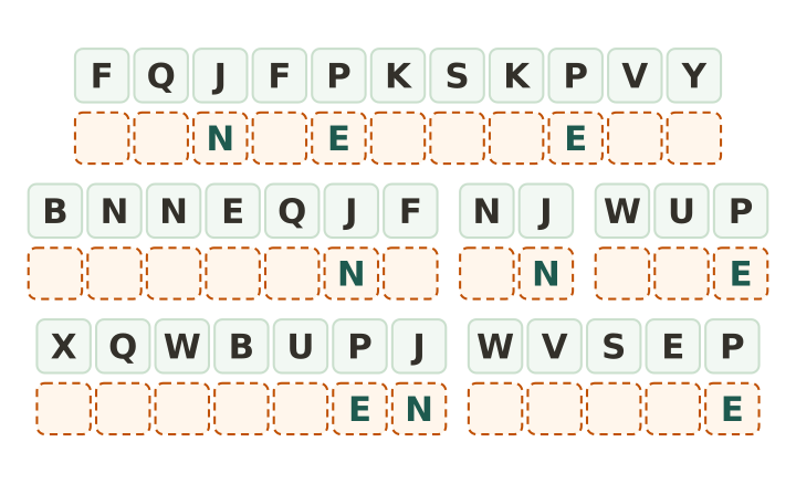 Hard Christmas cryptogram printable: thirty five code tiles in six words with only two letters given, one of them a vowel.