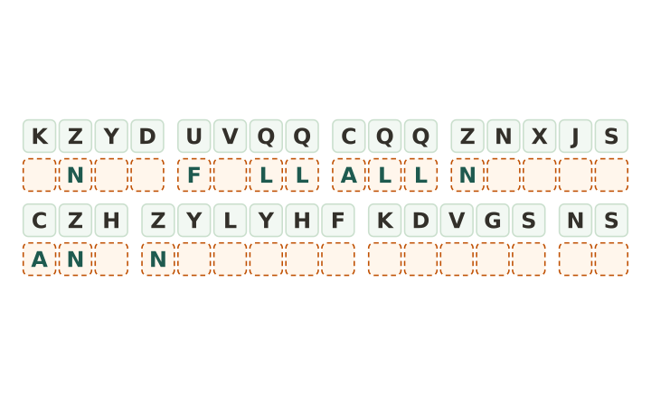 Christmas cryptogram for adults to print: thirty one code tiles in eight words, four letters given, answer boxes under each tile.