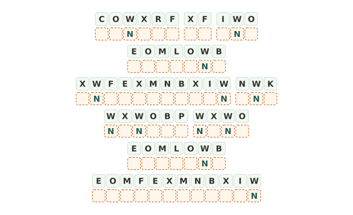 Quotation cryptogram to print: sixty code tiles in ten words with a single letter given, the longest cryptogram on the page.