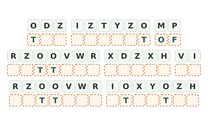 Cryptogram quote printable: thirty eight code tiles in eight words with three letters given and an answer box under every tile.