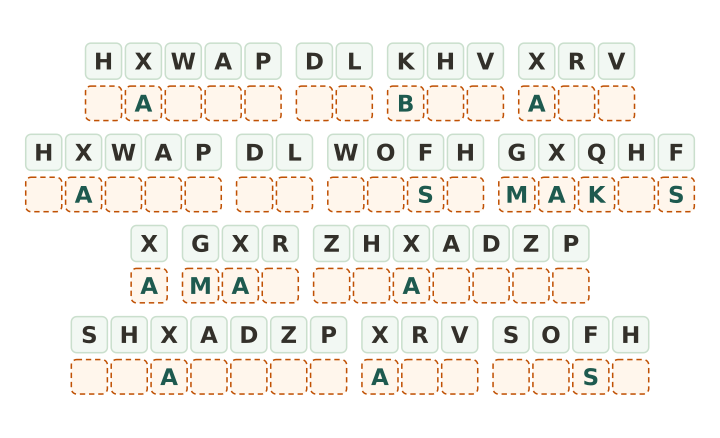 Long quote cryptogram to print: fifty three code tiles in fifteen words with five letters given, the wordiest card in the set.