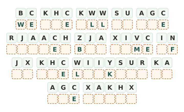 Hard quote cryptogram printable: forty nine code tiles in fifteen words with seven letters given and a box under every tile.