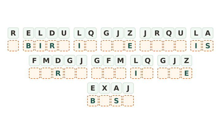 Hard cryptogram for adults printable: thirty three code tiles in eleven words with five letters given and no key strip.