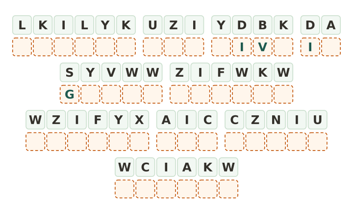 Hard printable cryptogram: forty five code tiles in ten words with only three letters given, aimed at adult solvers.