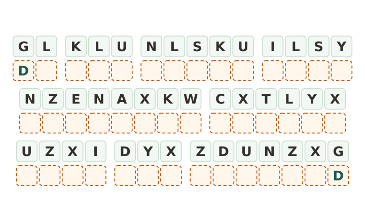 Hard cryptogram printable with one letter given: forty one code tiles in nine words and an answer box under each one.