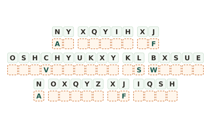 Hard cryptogram puzzle printable: thirty seven code tiles in ten words with five letters given, for experienced solvers.