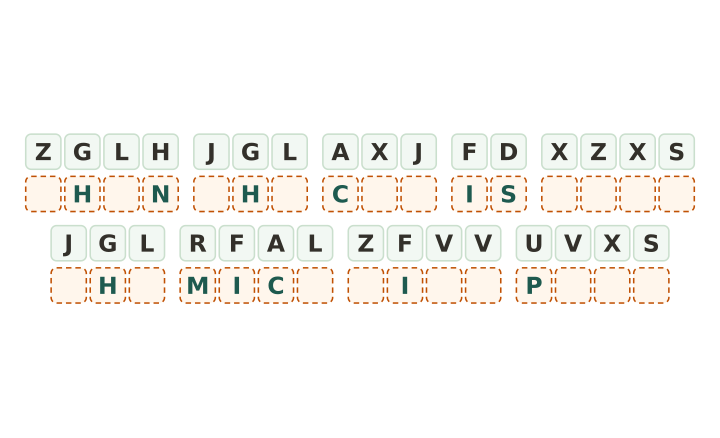 Hard cryptogram sheet for adults: thirty one code tiles in nine words with seven letters given away, printable free.