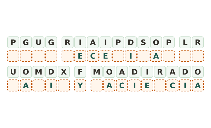 Criptograma fácil de descifrar para imprimir: veintinueve fichas de código en seis palabras con cinco letras ya puestas.
