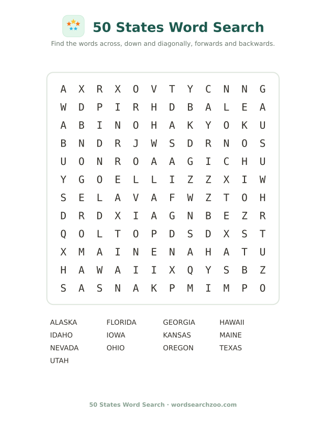USA word search: all 50 states