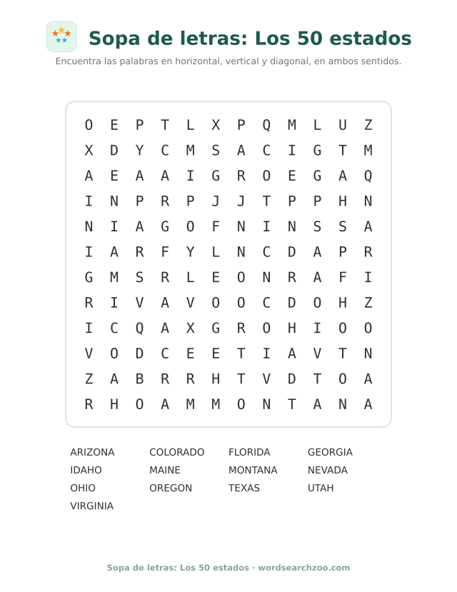 Sopa de letras de los estados de EE. UU.