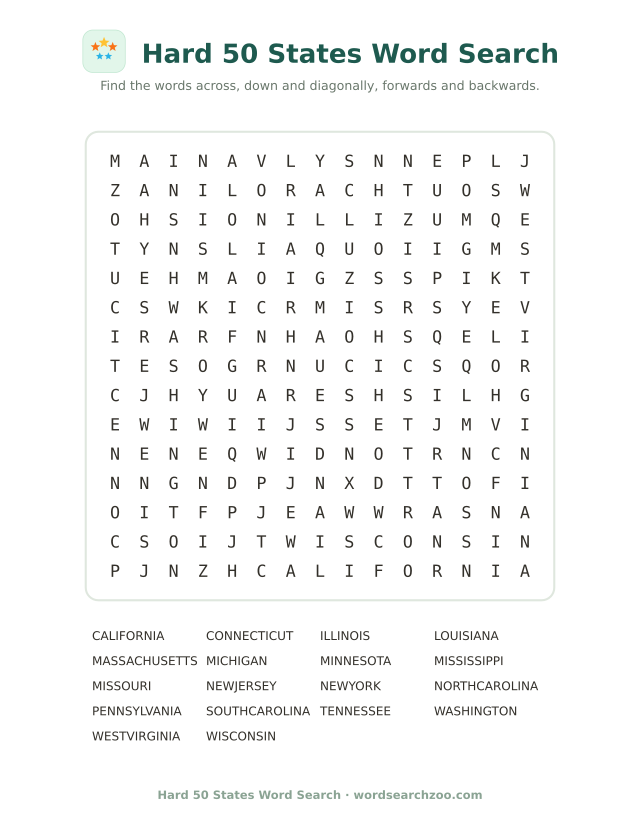 Hard 50 states word search, eighteen long state names on a 15x15 grid
