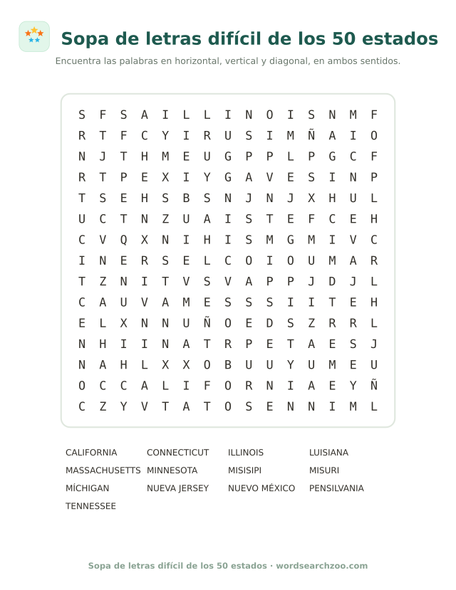 Sopa de letras difícil de los estados de EE. UU., tablero de 15x15