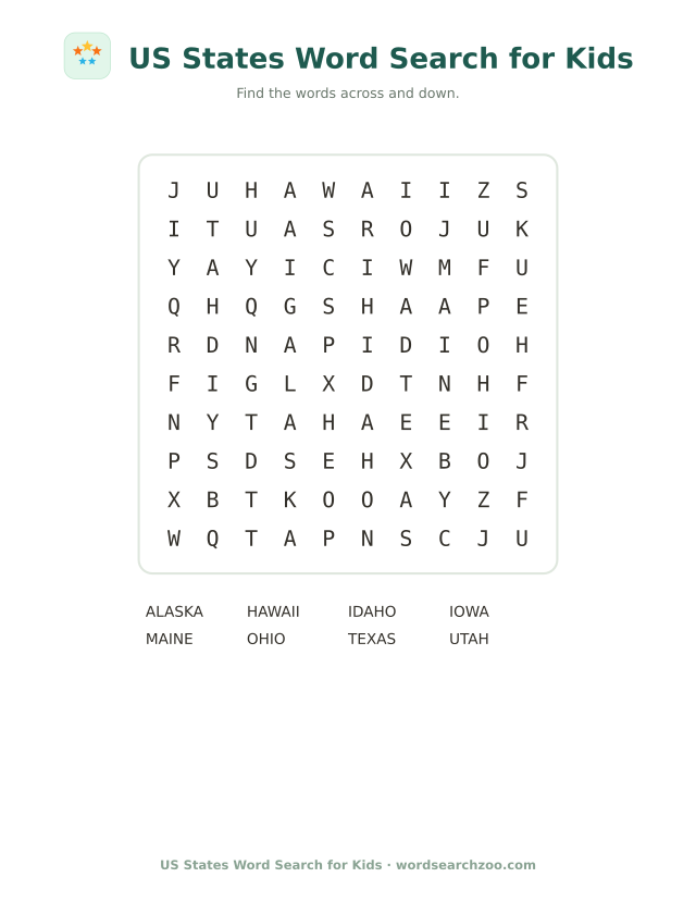 US states word search for kids, a 10x10 grid with eight short state names