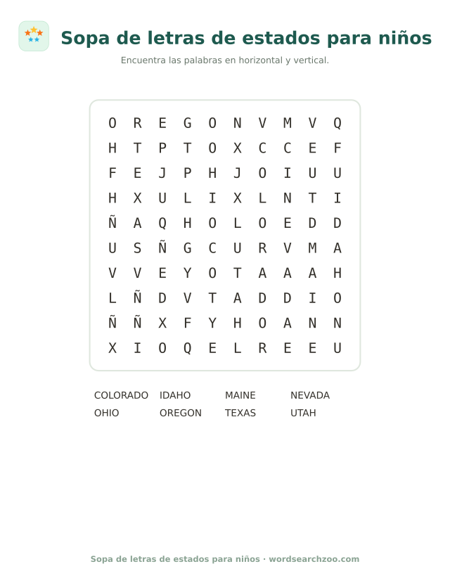 Sopa de letras de estados de EE. UU. para niños, tablero de 10x10