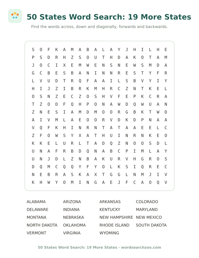 Printable 18x18 word search with the remaining nineteen US states