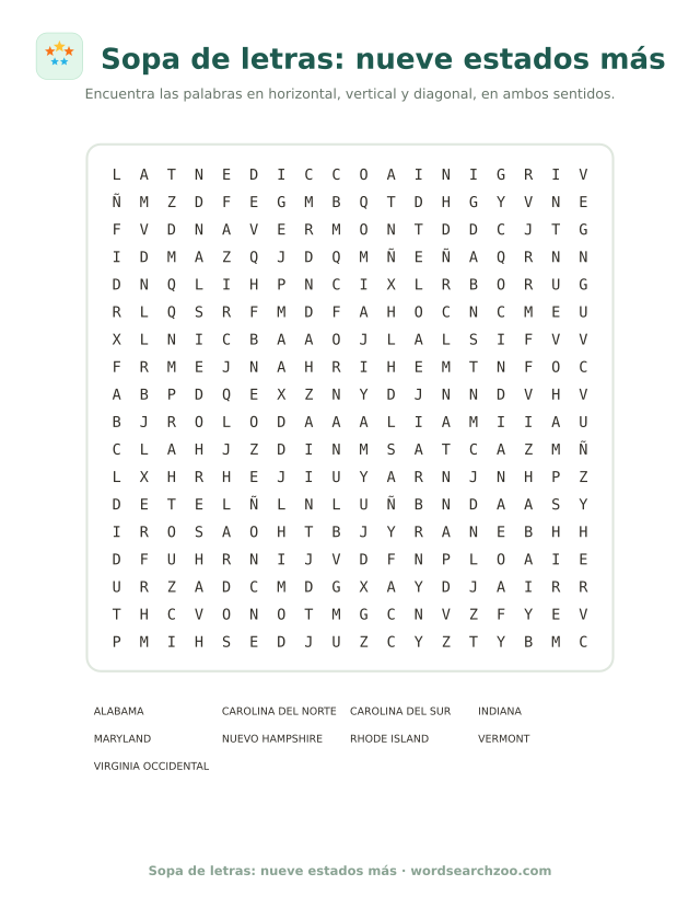Sopa de letras de 18x18 con nueve estados de EE. UU.