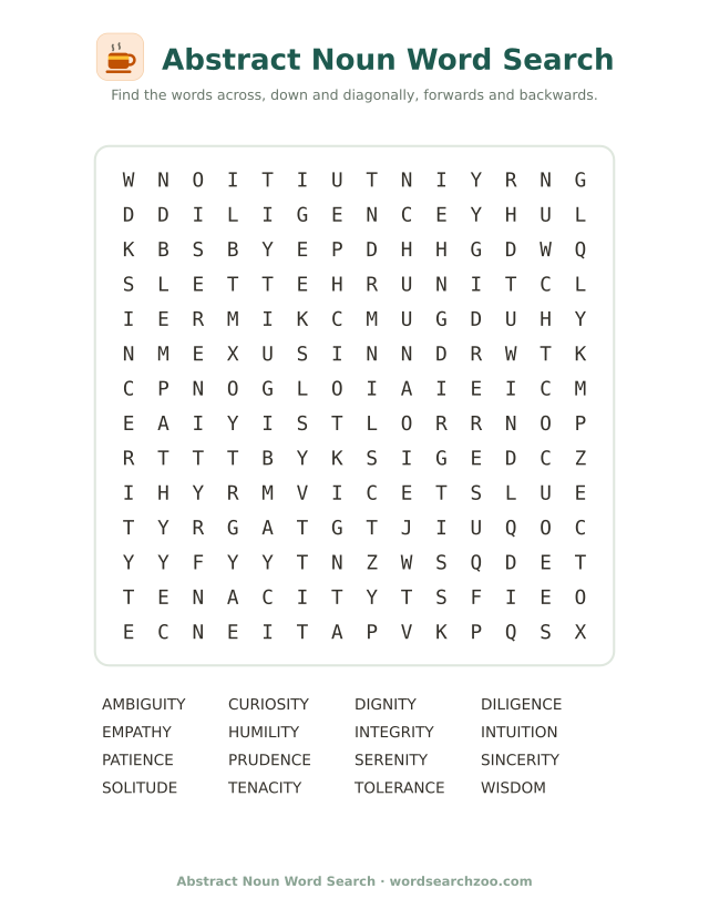 Abstract noun word search to print, a 14x14 grid with solitude, integrity and serenity