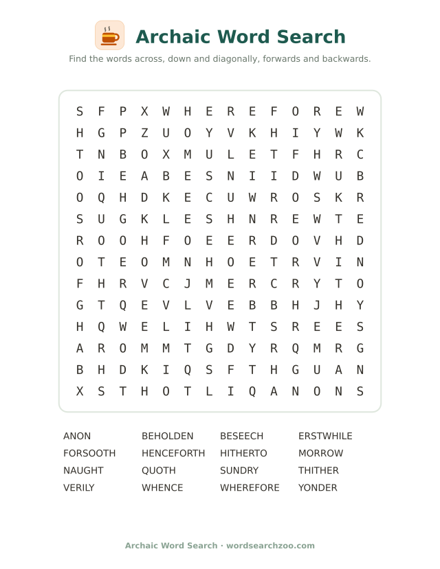 Archaic word search to print, a 14x14 grid with yonder, thither, forsooth and quoth