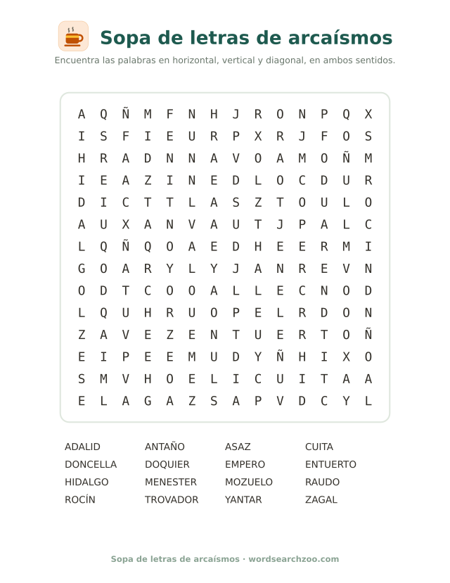 Sopa de letras de arcaísmos, tablero de 14x14 con hidalgo, doncella, rocín y entuerto