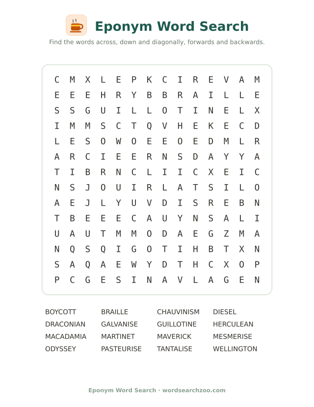 Eponym word search to print, a 14x14 grid with boycott, guillotine and pasteurise