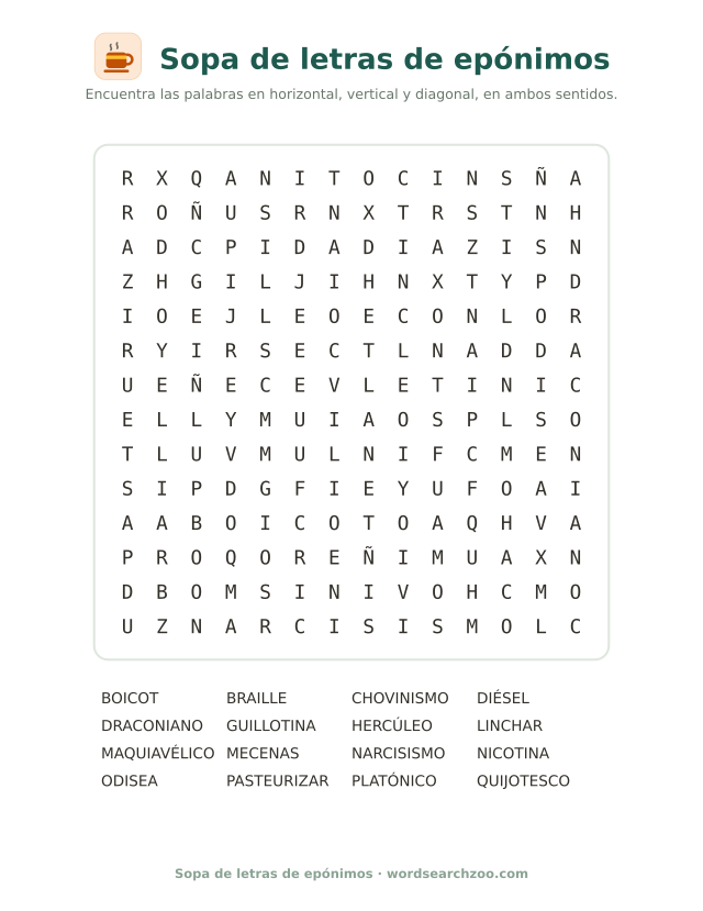 Sopa de letras de epónimos, tablero de 14x14 con guillotina, nicotina y quijotesco