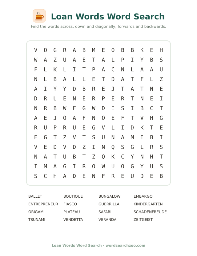Loan words word search to print, a 14x14 grid with schadenfreude, zeitgeist and tsunami