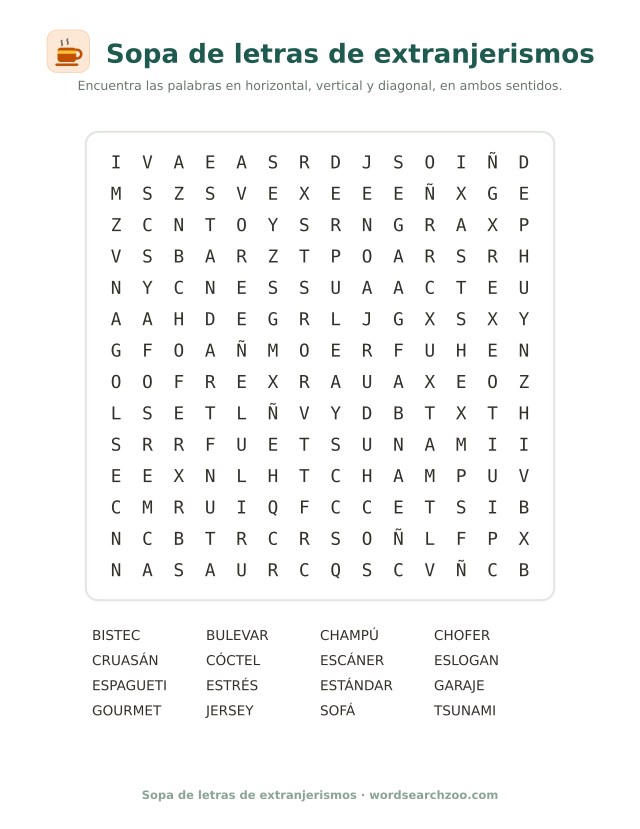 Sopa de letras de extranjerismos, tablero de 14x14 con garaje, champú, cruasán y eslogan