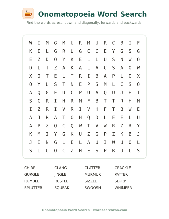 Onomatopoeia word search to print, a 14x14 grid with sizzle, clatter and crackle