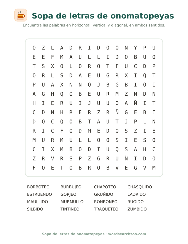 Sopa de letras de onomatopeyas, tablero de 14x14 con zumbido, ronroneo y traqueteo