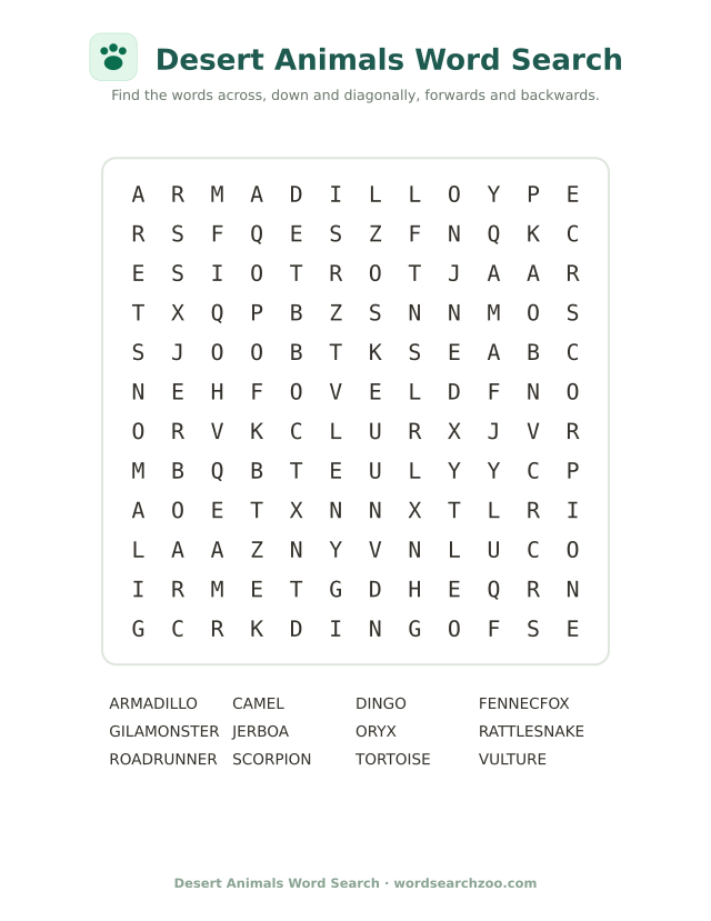 Desert animals word search to print, a 12x12 grid with fennec fox, roadrunner and gila monster