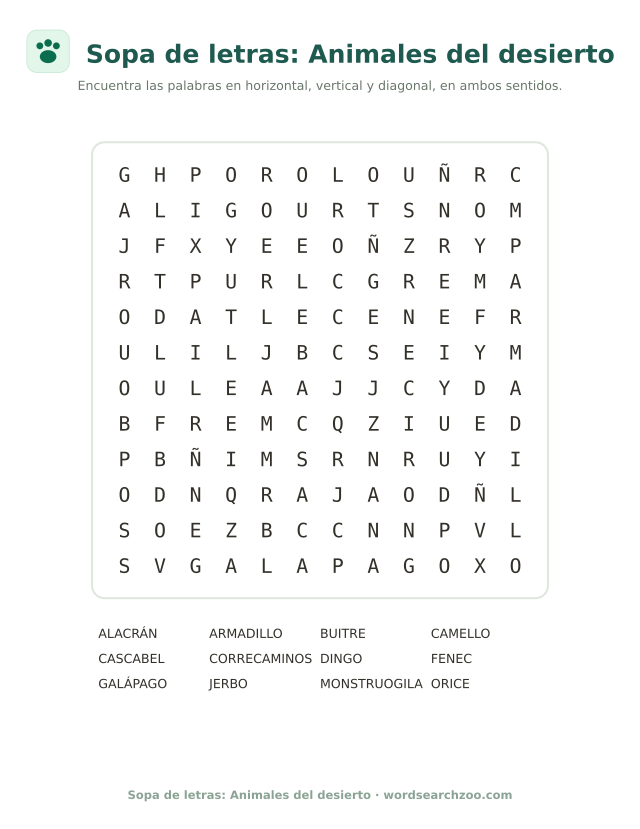 Sopa de letras de animales del desierto, tablero de 12x12 con alacrán, correcaminos y fénec