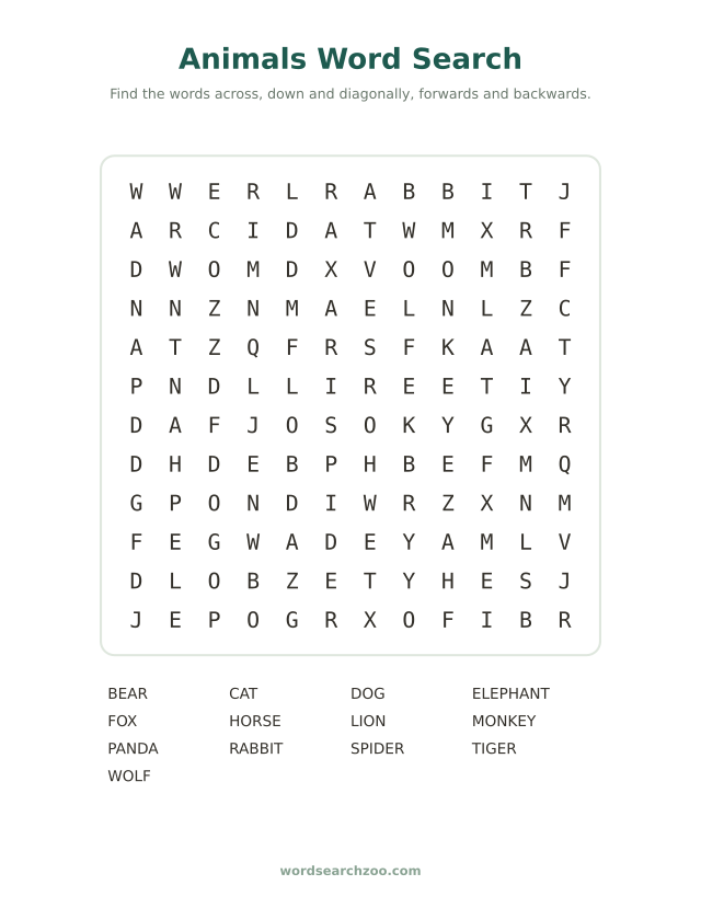 Animals word search