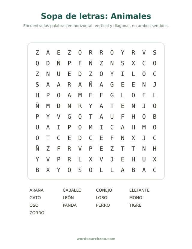 Sopa de letras de animales
