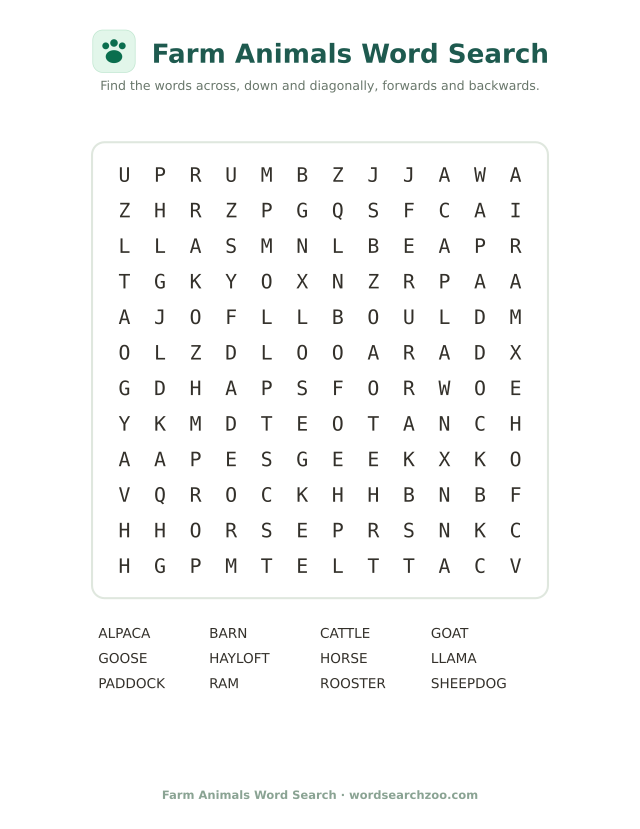 Farm animals word search to print, a 12x12 grid with rooster, alpaca, hayloft and sheepdog