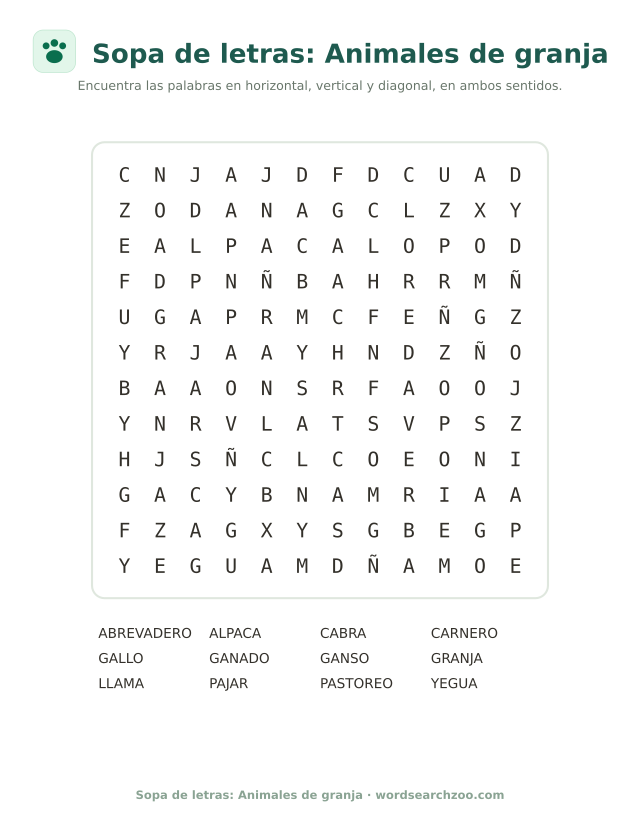 Sopa de letras de animales de granja, tablero de 12x12 con gallo, yegua, ganso y abrevadero