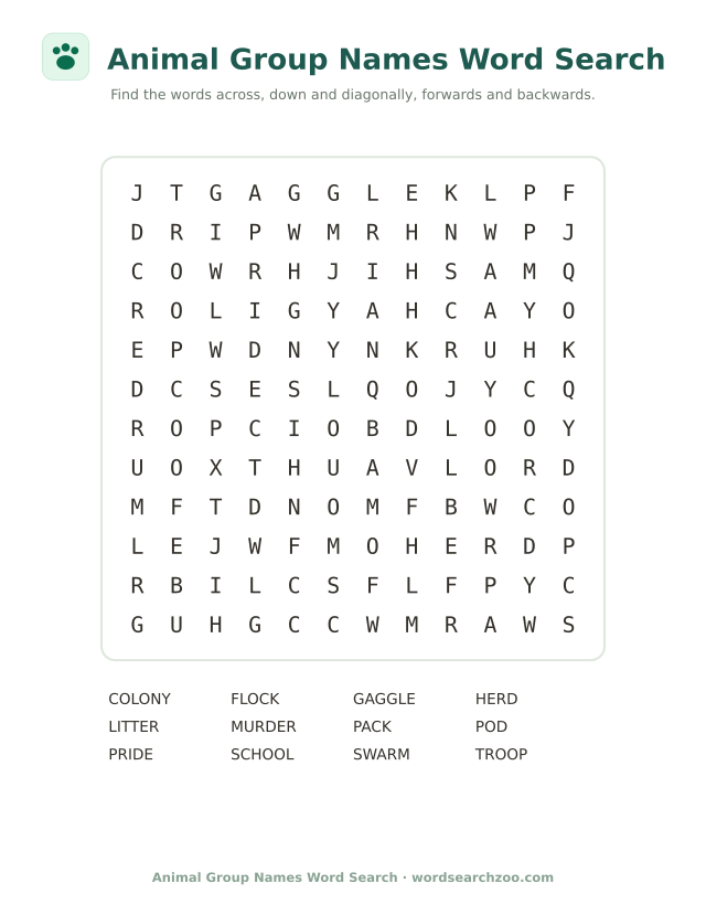 Animal group names word search to print, a 12x12 grid with a pride, a gaggle and a colony