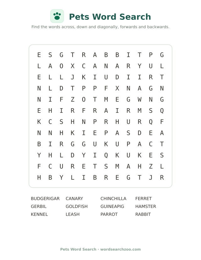 Pets word search to print, a 12x12 grid with hamster, budgerigar, chinchilla and gerbil