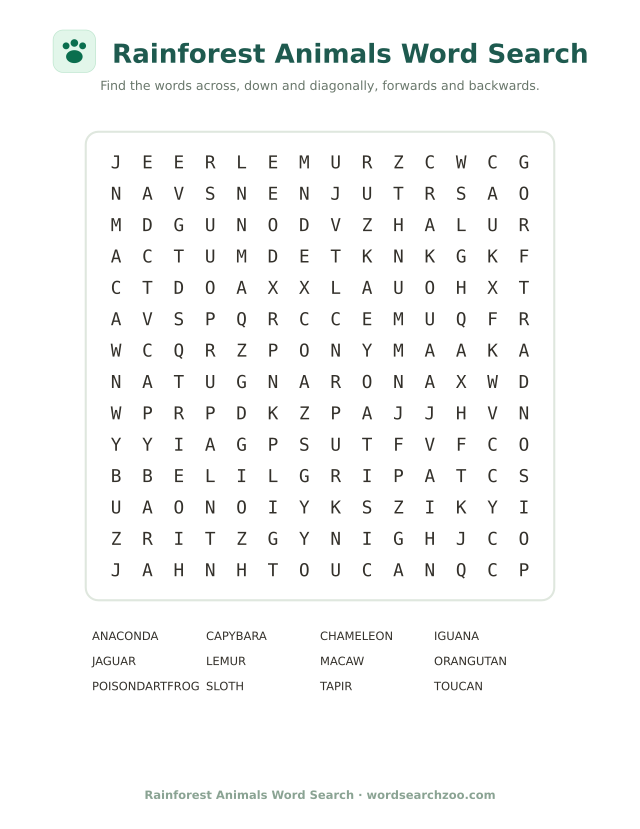 Rainforest animals word search to print, a 14x14 grid with orangutan, capybara and poison dart frog